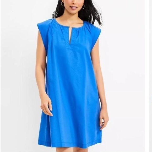 LOFT Dresses & Skirts - LOFT Royal Blue Flutter Sleeve Split Neck Swing Dress Large Cotton Blend NWT